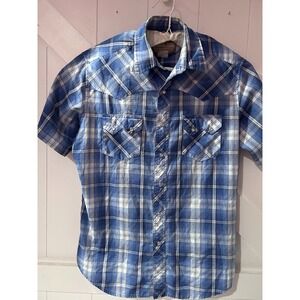 Wrangler Western Pearl Snap Shirt Blue White Plaid SSleeve‎ Button Up